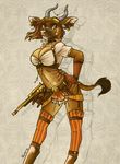  2016 5_fingers antelope anthro breasts caribou_(artist) cleavage clothed clothing curved_horn ear_piercing female gun holding_object holding_weapon horn inknose mammal navel piercing ranged_weapon solo standing weapon wide_hips 