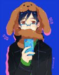  animal_hat black_hair blue-framed_eyewear brown_eyes cellphone dog_hat glasses hat itonoko jacket katsuki_yuuri male_focus phone smartphone solo yuri!!!_on_ice 