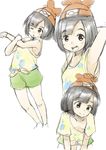  10s 1girl armpit black_hair child closed_mouth eyebrows eyebrows_visible_through_hair female_protagonist_(pokemon_sm) flat_chest hat kazuya_lolicon looking_at_viewer nintendo one_eye_closed open_mouth pokemon pokemon_(game) short_hair short_sleeves shorts simple_background sketch smile white_background 