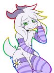  2016 anthro armwear asriel_dreemurr blush boss_monster caprine clothed clothing crackers digital_media_(artwork) erection fluffy fluffy_tail fur girly goat green_eyes half-closed_eyes horn humanoid_penis legwear long_ears looking_at_viewer male mammal mostly_nude partially_retracted_foreskin penis simple_background smile solo uncut undertale video_games white_background white_fur 