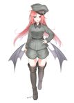  boots demon_wings eiri_(eirri) hand_on_hip hat long_hair long_sleeves military military_uniform open_mouth original red_eyes red_hair shorts signature solo thigh_boots thighhighs uniform wings 