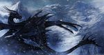  black_scales blue_eyes day detailed_background digital_media_(artwork) dragon feral isvoc male membranous_wings nude outside scales snow snowing solo spines spread_wings standing wings 