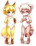 alternate_version_available anthro blue_eyes blush bottomless brown_fur canine clothed clothing cub duo fox fur kasasagi male mammal nude orange_fur red_eyes simple_background tanuki topless white_background young 