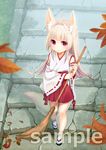  animal_ears bamboo_broom blurry broom comiket_91 commentary_request depth_of_field fox_ears fox_girl fox_tail hair_intakes hakama_skirt haori highres holding holding_broom japanese_clothes long_hair miko original outdoors platinum_blonde_hair red_eyes ribbon-trimmed_sleeves ribbon_trim sample shura_no_suke smile solo stairs sweeping tabi tail wide_sleeves zouri 