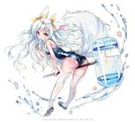  animal_ears ass blue_swimsuit eating food full_body holding long_hair mallet million_arthur_(series) one-piece_swimsuit popsicle red_eyes school_swimsuit seashell shell solo starfish swimsuit tail thighhighs water wet white_background white_legwear 