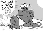  ? angry anthro ball beach_ball big_breasts breasts chell_(scalie_schoolie) covering covering_breasts english_text female greyscale iris_(scalie_schoolie) lizard lotion monochrome nude reptile scalie scalie_schoolie sharp_teeth shell snapping_turtle speech_bubble sweat teeth text tooneyd towel turtle 