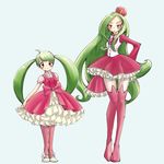  ahoge bad_id bad_twitter_id blue_background blush bow closed_mouth crown frilled_sleeves frills full_body gen_7_pokemon green_hair highres kon_budou long_hair long_legs long_sleeves mary_janes mini_crown multiple_girls personification pink_bow pink_eyes pink_legwear pokemon shoes simple_background sleeves_past_wrists smile standing steenee thighhighs tsareena twintails very_long_hair white_footwear zettai_ryouiki 
