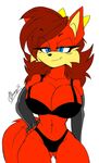  2016 akatsukishiranui-fox anthro armwear big_breasts blue_eyes bra breasts canine cleavage clothed clothing female fiona_fox fox fur hair half-closed_eyes hi_res mammal panties red_fur red_hair simple_background solo sonic_(series) underwear white_background 