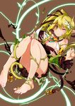  1girl absurdres alicecrazy areola_slip areolae barefoot belt blonde_hair breasts brown_background elf elsword feet flower glowing green_sleeves hair_flower hair_ornament highres large_breasts nail_polish no_panties partially_visible_vulva pink_nails plant pointy_ears rena_(elsword) shirt side_ponytail simple_background solo tentacles torn_clothes torn_shirt vine_bondage vine_tentacle vines w_arms wince wind_sneaker_(elsword) yellow_eyes 