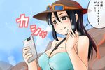  between_breasts black_hair breasts brown_eyes cellphone commentary eyebrows hair_between_eyes hat jewelry large_breasts long_hair mature nishi_koutarou phone pokemon pokemon_(game) pokemon_sm ring sightseer_(pokemon) smartphone solo thought_bubble translated upper_body wedding_band 