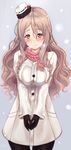  blush breast_squeeze breasts breath buttons commentary_request eyebrows eyebrows_visible_through_hair gloves hands_together hat headwear jacket kantai_collection large_breasts light_brown_hair long_hair orange_eyes pantyhose pola_(kantai_collection) scarf shadow shiny shiny_skin smile solo thick_eyebrows tilted_headwear untsue wavy_hair 