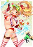  absurdres ahoge arm_strap ass bikini blonde_hair breasts cocktail_umbrella cup drink drinking_glass floating_hair gloves green_eyes highres holding holding_cup hoshii_miki ice_cream_scoop idolmaster idolmaster_(classic) joey_koguma knee_pads leg_up long_hair looking_back medium_breasts one_eye_closed open_clothes open_mouth open_vest outline outstretched_arm polka_dot polka_dot_background ponytail red_bikini roller_skates shiny shiny_skin skates skindentation smile solo splashing strap_gap swimsuit upper_teeth vest visor_cap water 