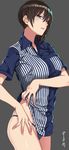  alternate_costume arm_at_side artist_name bad_id bad_pixiv_id bare_arms blouse blue_eyes blue_panties breast_hold breasts brown_hair commentary cowboy_shot employee_uniform eyebrows eyebrows_visible_through_hair from_side grey_background hair_between_eyes hand_on_hip head_tilt kaga_(kantai_collection) kantai_collection lawson lifted_by_self looking_at_viewer medium_breasts panties parted_lips ponytail shirt shirt_lift short_hair short_sleeves side_ponytail signature simple_background skindentation solo sora_yoshitake_yuda standing striped striped_blouse striped_shirt thighs twitter_username underwear uniform vertical-striped_shirt vertical_stripes 