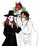  2girls beads book brown_eyes brown_hair chinese_clothes d.va_(overwatch) gat genji_(overwatch) glasses green_hair hair_bun hair_ornament hair_stick japanese_clothes jiangshi korean_clothes korean_traditional_hat long_hair looking_at_viewer m_mim mei_(overwatch) multiple_girls ofuda oni overwatch simple_background smile 