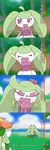  :d ^_^ ahoge arms_up blue_sky blurry closed_eyes cloud comic crown crying day depth_of_field flower gen_7_pokemon grass green_hair happy highres leg_up lilligant long_hair looking_away looking_to_the_side mini_crown no_humans open_mouth outdoors palm_tree parody pink_eyes pokemon pokemon_(creature) purple_legwear sky smile sn_(negi326) steenee tears thighhighs translated tree tsareena tsuyuaketandesuka! turn_pale twintails wavy_mouth 