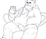 alternate_version_available blush cat clothed clothing earbuds embarrassed erection eroborus eyewear feline fully_clothed glasses hand_in_pocket headphones hoodie jeans leliel line_art male mammal monochrome overweight overweight_male pants reclining sitting solo sweat sweatdrop tablet tenting 