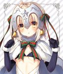  :t ahoge alternate_costume bell bikini_top black_gloves blonde_hair bow breasts brown_eyes capelet christmas cleavage commentary_request elbow_gloves fate/grand_order fate_(series) gloves hair_ribbon headpiece highres jeanne_d'arc_(fate)_(all) jeanne_d'arc_alter_santa_lily looking_at_viewer neck_ribbon open_clothes pout ribbon santa_costume small_breasts solo star toosaka_asagi upper_body white_capelet white_santa_costume younger 