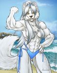  abs anthro beach canine clothed clothing convenient_censorship cybercat female flexing looking_at_viewer mammal muscular open_mouth outside seaside smile solo topless 
