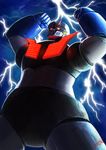  clenched_hands glowing highres jeetdoh lightning mazinger_z mazinger_z_(mecha) mecha outstretched_arms pilder realistic science_fiction signature super_robot 
