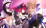 animal_ears ass bangs bare_shoulders bell bent_tail black_dress blue_bow blue_eyes blush bow breasts cleavage commentary_request curled_horns detached_sleeves dragon_tail dress elizabeth_bathory_(fate) elizabeth_bathory_(fate)_(all) eyelashes fang fate/extra fate/extra_ccc fate/grand_order fate_(series) fox_ears fox_tail from_side hair_bell hair_between_eyes hair_bow hair_ornament hair_ribbon highres holding jewelry light_particles long_hair looking_at_viewer medium_breasts multiple_girls necklace obi off_shoulder open_mouth pink_hair pointy_ears purple_ribbon ribbon saru sash shade sidelocks smile tail tamamo_(fate)_(all) tamamo_no_mae_(fate) tassel very_long_hair yellow_eyes 