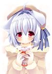  :o alternate_costume alternate_headwear animal_ears coat coffee_cup contemporary cup disposable_cup hikanyan inubashiri_momiji red_eyes short_hair silver_hair solo steam touhou winter_clothes winter_coat wolf_ears 