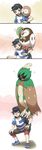  3koma absurdres age_progression animal animal_on_shoulder backpack bag baseball_cap bird black_hair capri_pants comic dartrix decidueye evolution gen_7_pokemon grey_eyes hat heavy highres male_focus ninjinkingyo owl pants pokemon pokemon_(creature) pokemon_(game) pokemon_sm rowlet shirt shoes silent_comic smile sneakers sparkle squatting striped striped_shirt sweat t-shirt trembling you_(pokemon) z-ring 