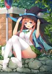  :3 :d animal_ears bangs blue_bow blue_eyes blush bow breasts brown_hair capelet cat_ears collared_shirt commentary eyebrows eyebrows_visible_through_hair feet_up flower grass green_ribbon green_skirt hands_on_headwear hat holding knees_together_feet_apart large_breasts long_hair looking_at_viewer md5_mismatch open_mouth original plant ribbon shirt sign sitting skirt smile soles solo suzuame_yatsumi teeth thighhighs thighs white_legwear witch_hat 