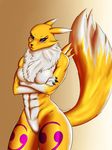  2016 anthro black_sclera blue_eyes breasts canine crossed_arms digimon featureless_breasts featureless_crotch female fox frown fur mammal navel nazorad neck_tuft nude renamon solo tuft white_belly white_fur yellow_fur 