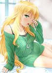  ;o ahoge aran_sweater arm_support bare_legs barefoot bed_sheet blonde_hair blurry blush breasts camisole collarbone depth_of_field glint green_eyes green_sweater hoshii_miki idolmaster idolmaster_(classic) indoors jewelry leaning_to_the_side long_hair looking_at_viewer miri_(ago550421) morning nail_polish off_shoulder on_bed one_eye_closed pendant pink_nails ring rubbing_eyes shiny shiny_hair signature sitting small_breasts solo sweater sweater_vest wall window yokozuwari 