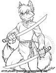 anthro canine clothed clothing collar cybercat facial_piercing fox fur hair lip_piercing looking_at_viewer male mammal melee_weapon piercing smile solo sword weapon 