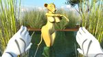  2016 3d_(artwork) 5_fingers ambiguous_gender anthro anthrofied breasts carbiid3 digital_media_(artwork) disney duo ear_piercing equine feline female first_person_view jewelry lion mammal nala navel necklace nipples nude outside peeping piercing signature solo_focus standing the_lion_king water wide_hips zebra 