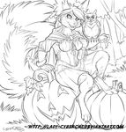  anthro avian bird canine clothed clothing cybercat duo female feral food fruit looking_at_viewer mammal monochrome outside owl pumpkin sitting 