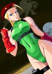  ahoge antenna_hair beret braid cammy_white clenched_hand dutch_angle fingerless_gloves full_moon gloves green_leotard harness hat highleg highleg_leotard highres leotard lips moon red_hat scar solo standing strap street_fighter street_fighter_v tataizou twin_braids 