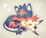  crescent dotted_line full_body gen_7_pokemon hug litten looking_at_another mimikyu n_kamui no_humans pokemon pokemon_(creature) simple_background sleeping spoken_sweatdrop sun_(symbol) sweat sweatdrop twitter_username zzz 