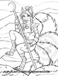  anthro canine clothed clothing cybercat female fox fur hair mammal monochrome open_mouth outside sitting solo staff 
