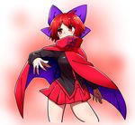  black_blouse blouse blue_bow bow breasts cape contrapposto cowboy_shot hair_bow jpeg_artifacts line_shading long_sleeves looking_to_the_side medium_breasts miniskirt noel_(noel-gunso) pleated_skirt red_background red_cape red_eyes red_hair red_skirt sekibanki short_hair skirt solo standing thighs touhou 