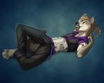  4_toes 5_fingers abs anthro barefoot black_nose blonde_hair blue_background clothed clothing hair hyena lying male mammal navel simple_background smile solo ticl toes 