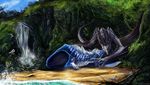  avian bird blue_fur cave claws day digital_media_(artwork) dragon duo feral fur furred_dragon grass grey_scales isvoc membranous_wings moss nude outside scales sky water waterfall wings 