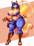  beauty_mark big_breasts blue_hair boots breasts canid canine carmelita_fox cleavage clothed clothing collar female footwear fox gun hair jacket jaeh mammal ranged_weapon sly_cooper_(series) smile solo thick_thighs video_games weapon wide_hips 