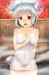  :d ahoge alternate_costume animal_ears autumn_leaves bare_shoulders blush breasts cleavage collarbone covered_navel cowboy_shot fang highres inubashiri_momiji looking_at_viewer medium_breasts naked_towel no_hat no_headwear onsen open_mouth red_eyes short_hair silver_hair smile solo standing steam tail touhou towel white_towel wolf_ears wolf_girl wolf_tail zakkuru_(zacky424) 