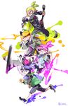  aloha-kun_(splatoon) army-kun_(splatoon) beret black_jacket black_shorts blue_eyes blue_hair coat copyright_name domino_mask dynamo_roller_(splatoon) echolocator_(splatoon) facepaint fangs from_side goggle-kun_(splatoon) goggles goggles_on_head green_eyes green_hair grin hair_slicked_back hat hawaiian_shirt holding holding_weapon ink_tank_(splatoon) inkling jacket jumping killer_wail_(splatoon) leather leather_jacket long_sleeves looking_to_the_side male_focus mask multiple_boys n-zap_(splatoon) one_eye_closed open_mouth orange_eyes orange_hair pink_eyes pink_hair pointy_ears rider-kun_(splatoon) running scrunchie serizawa_nae shirt shoes short_sleeves shorts simple_background single_vertical_stripe smile sneakers splatoon_(manga) splatoon_(series) splatoon_1 splattershot_(splatoon) standing tentacle_hair topknot twitter_username visor weapon white_background 