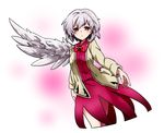  bow bowtie brown_jacket closed_mouth cowboy_shot cropped_legs dress expressionless feathered_wings jacket kishin_sagume long_sleeves looking_at_viewer noel_(noel-gunso) pink_background purple_dress red_bow red_eyes red_neckwear short_hair silver_hair single_wing solo touhou white_wings wings 