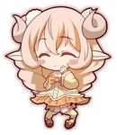  absurdres animal_ears blonde_hair blush_stickers chibi closed_eyes eyebrows eyebrows_visible_through_hair full_body highres horns kehp_(monster_musume) kumehara_chiyota long_hair monster_girl monster_musume_no_iru_nichijou monster_musume_no_iru_nichijou_online sheep_ears sheep_girl sheep_horns simple_background smile solo white_background wool 