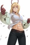  abs antennae belt blonde_hair clenched_hand glasses highres michelle_k._davis muscle muscular_female ranma_(kamenrideroz) red_eyes simple_background smile solo terra_formars white_background wind 