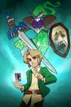  belt blonde_hair blue_background blue_eyes card guilhermerm hair_intakes hat holding holding_weapon link male_focus master_sword persona shield simple_background smile solo super_smash_bros. sword tarot the_fool_(tarot_card) the_legend_of_zelda weapon 