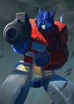  aiming_at_viewer angry autobot beam_rifle bullet_hole cable cloud damaged energy_cannon energy_gun highres insignia jeetdoh looking_at_viewer mecha no_humans one-eyed optimus_prime realistic robot science_fiction signature spoilers transformers weapon 