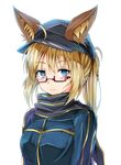  ahoge arms_at_sides artoria_pendragon_(all) bad_id bad_pixiv_id bangs baseball_cap bespectacled blonde_hair blue_eyes blue_hat blue_jacket blue_scarf breasts cangmi closed_mouth ears_through_headwear fate_(series) glasses hair_between_eyes hat jacket looking_at_viewer medium_breasts mysterious_heroine_x ponytail red-framed_eyewear rojiura_satsuki:_chapter_heroine_sanctuary scarf semi-rimless_eyewear sidelocks simple_background solo track_jacket under-rim_eyewear upper_body white_background 