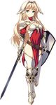  armor armored_boots blonde_hair blue_eyes blush boots breastplate full_body gauntlets hair_ornament highres holding holding_weapon kawata_hisashi kusugawa_sasara long_hair looking_at_viewer pauldrons pelvic_curtain shield solo standing sword thighhighs to_heart_2 to_heart_2_dungeon_travelers transparent_background weapon 