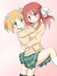  2girls blonde_hair blush flower green_eyes hugging multiple_girls red_eyes sakura_trick school_uniform sitting_on_lap sonoda_yuu takayama_haruka yuri 