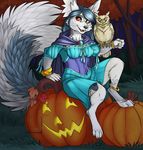  anthro avian bird canine clothed clothing cybercat duo female feral food fruit fur hair looking_at_viewer mammal outside owl pumpkin sitting 